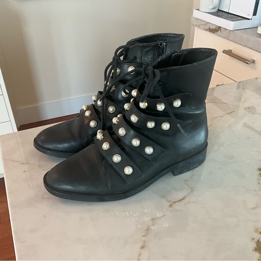 Black Ankle Boots with Pearl Accents